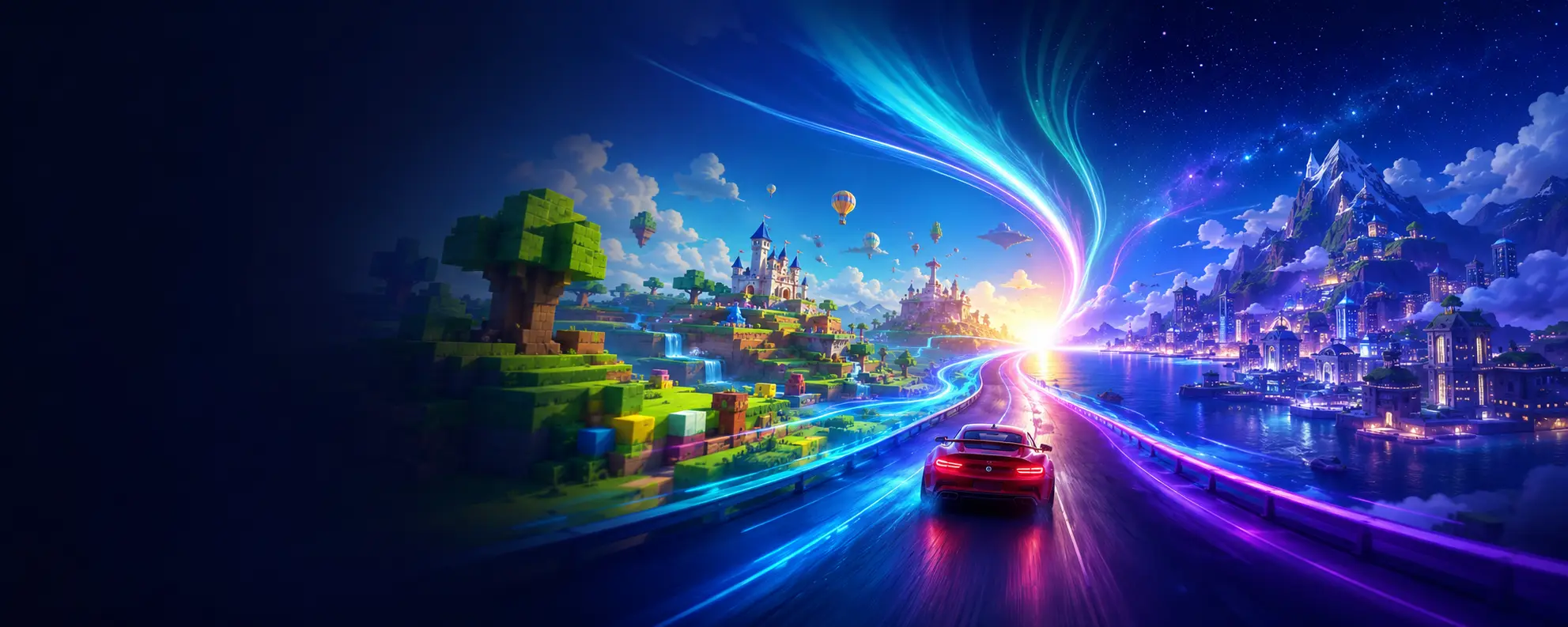 Handheld console surrounded by colorful racing, adventure and arcade game worlds