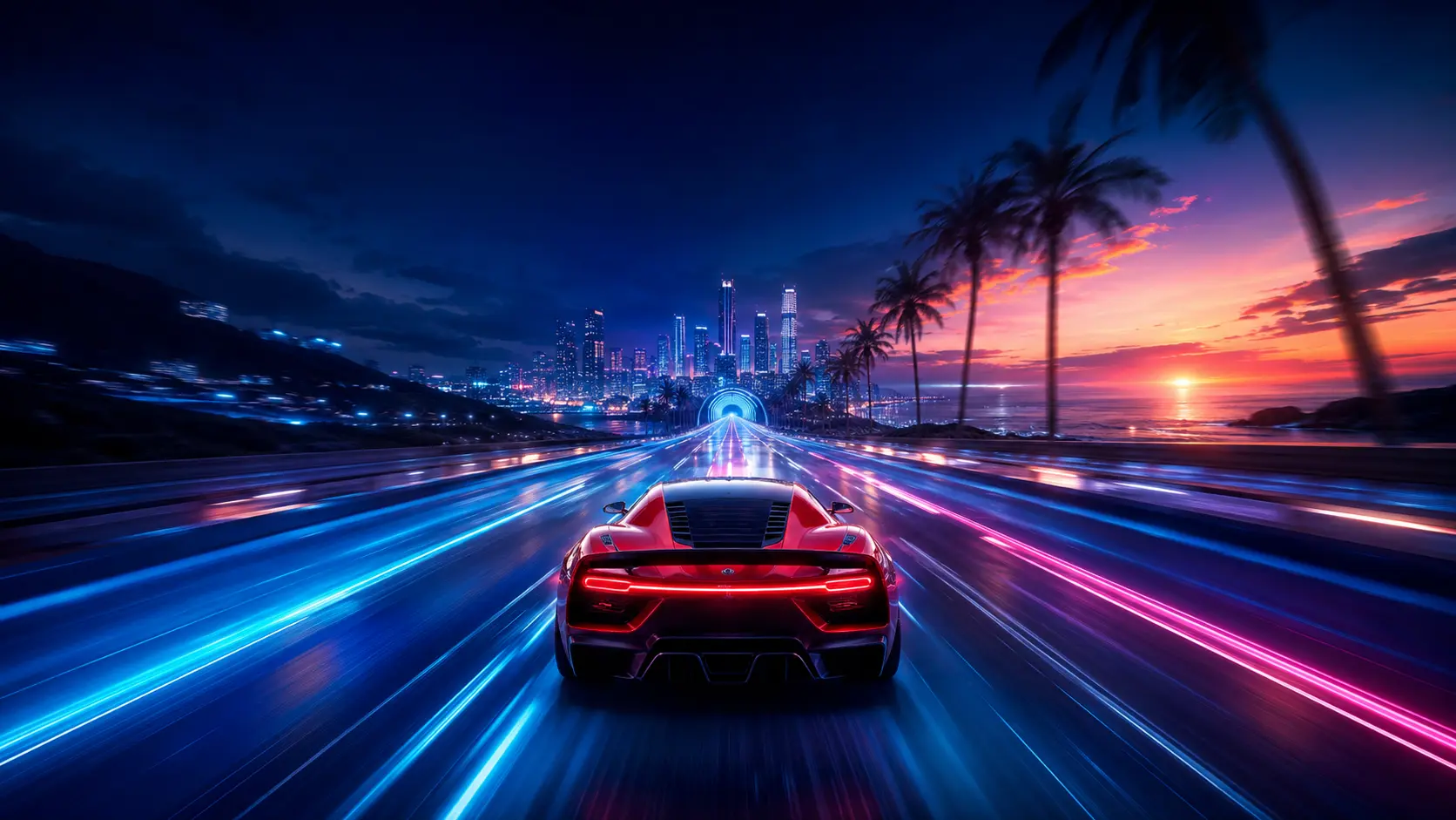 Neon racing game world representing fast tracked delivery