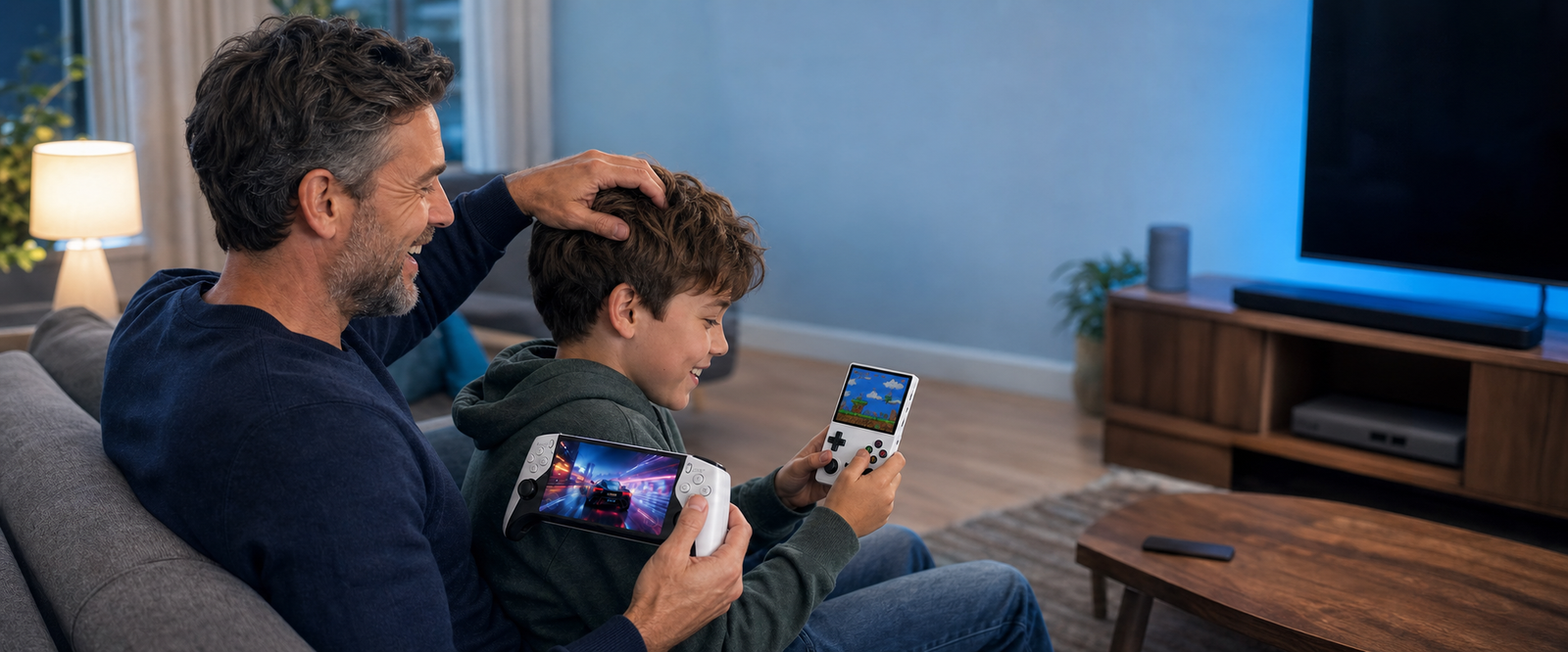 Father and son enjoying handheld games together at home