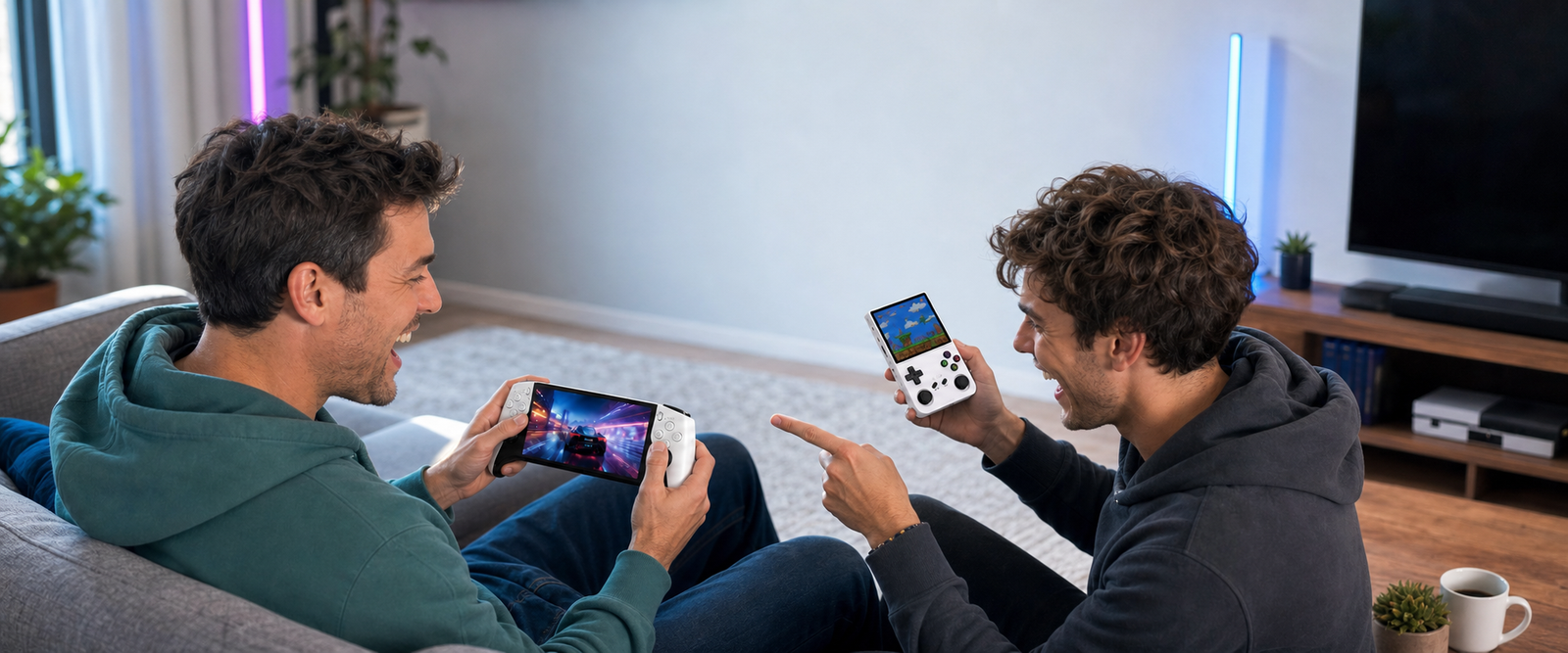 Two friends enjoying handheld games together