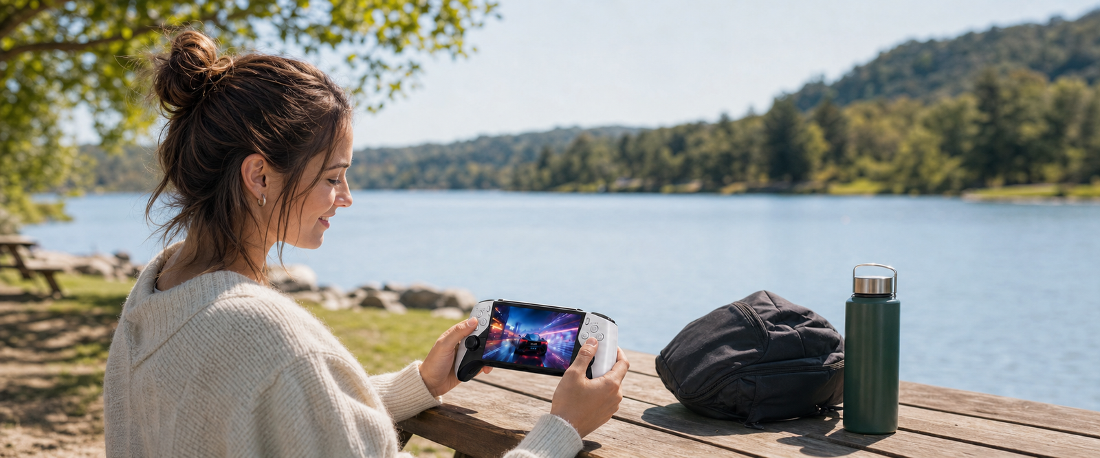Woman playing a handheld game console beside a lake